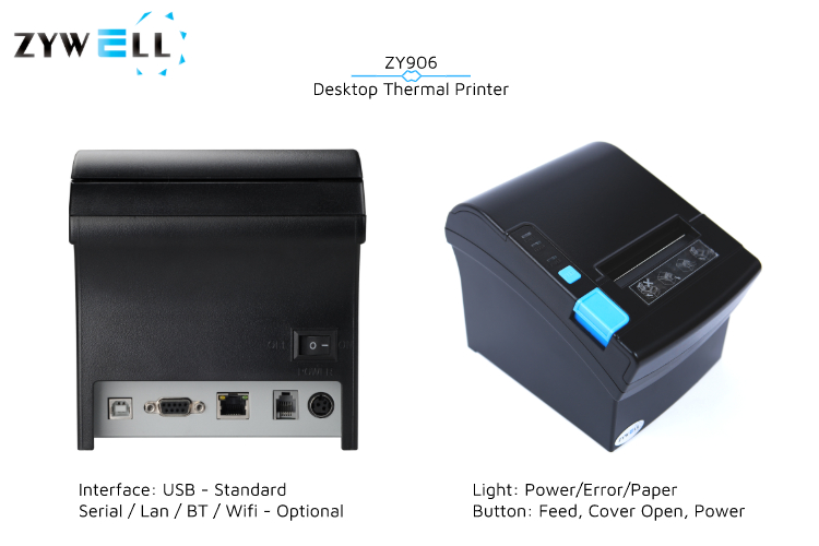 ZYWELL - Zywell desktop thermal printer 80mm with bluetooth WIFI ZY906 POS receipt printer Desktop 80 Receipt Printer 10