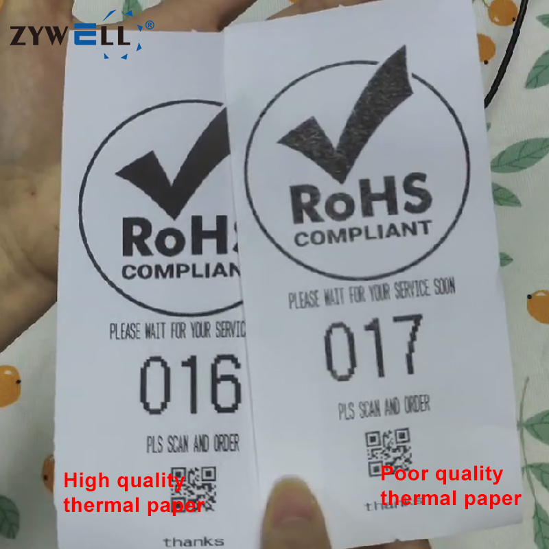サーマルプリンターのイントロは、さまざまな品質のサーマルペーパー印刷効果を使用してZywellを表示します 1