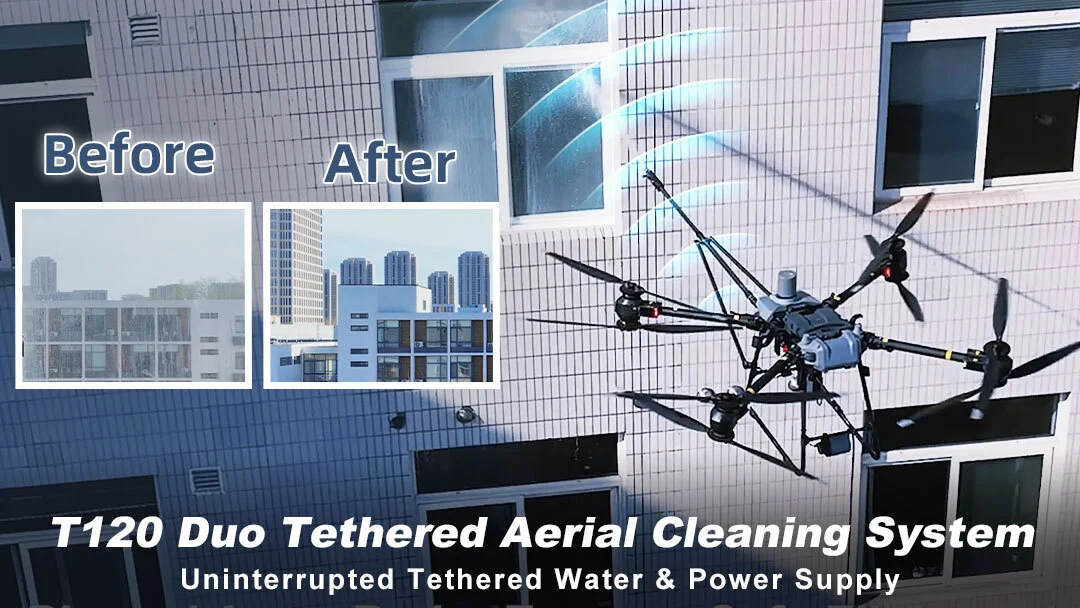 Tethered Aerial Drone Cleaning System with Power Supply – AeroClean T120 Duo for DJI FC30 1