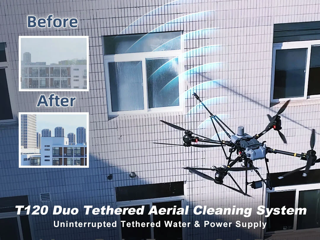Tethered Aerial Drone Cleaning System with Power Supply – AeroClean T120 Duo for DJI FC30 1