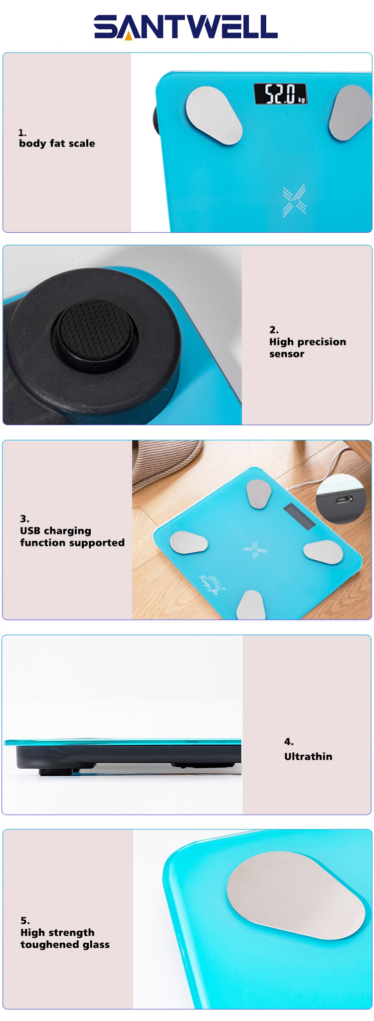 BS-180 LCD Alta definición 180 kg Máxima Vidrio templado+pantalla ABS Pesante de grasa corporal Escala de baño Santwell 11