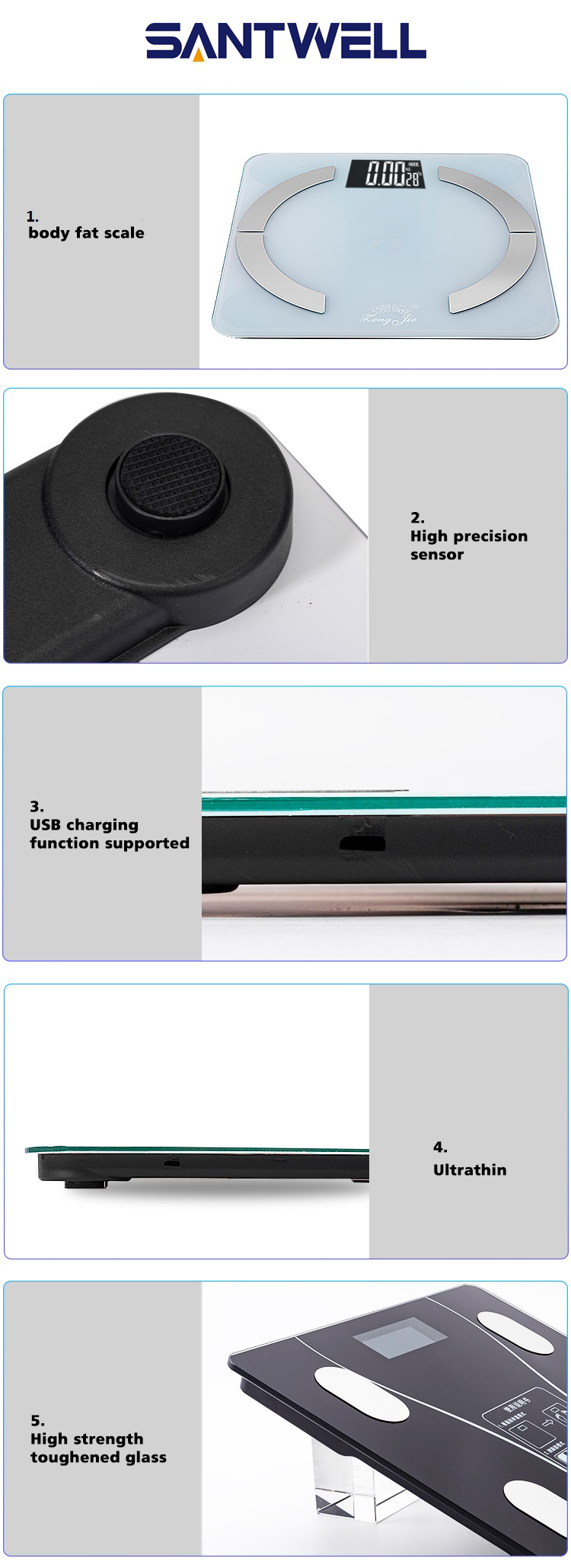 BS-180 LCD Alta definición 180 kg Máxima Vidrio templado+pantalla ABS Pesante de grasa corporal Escala de baño Santwell 12