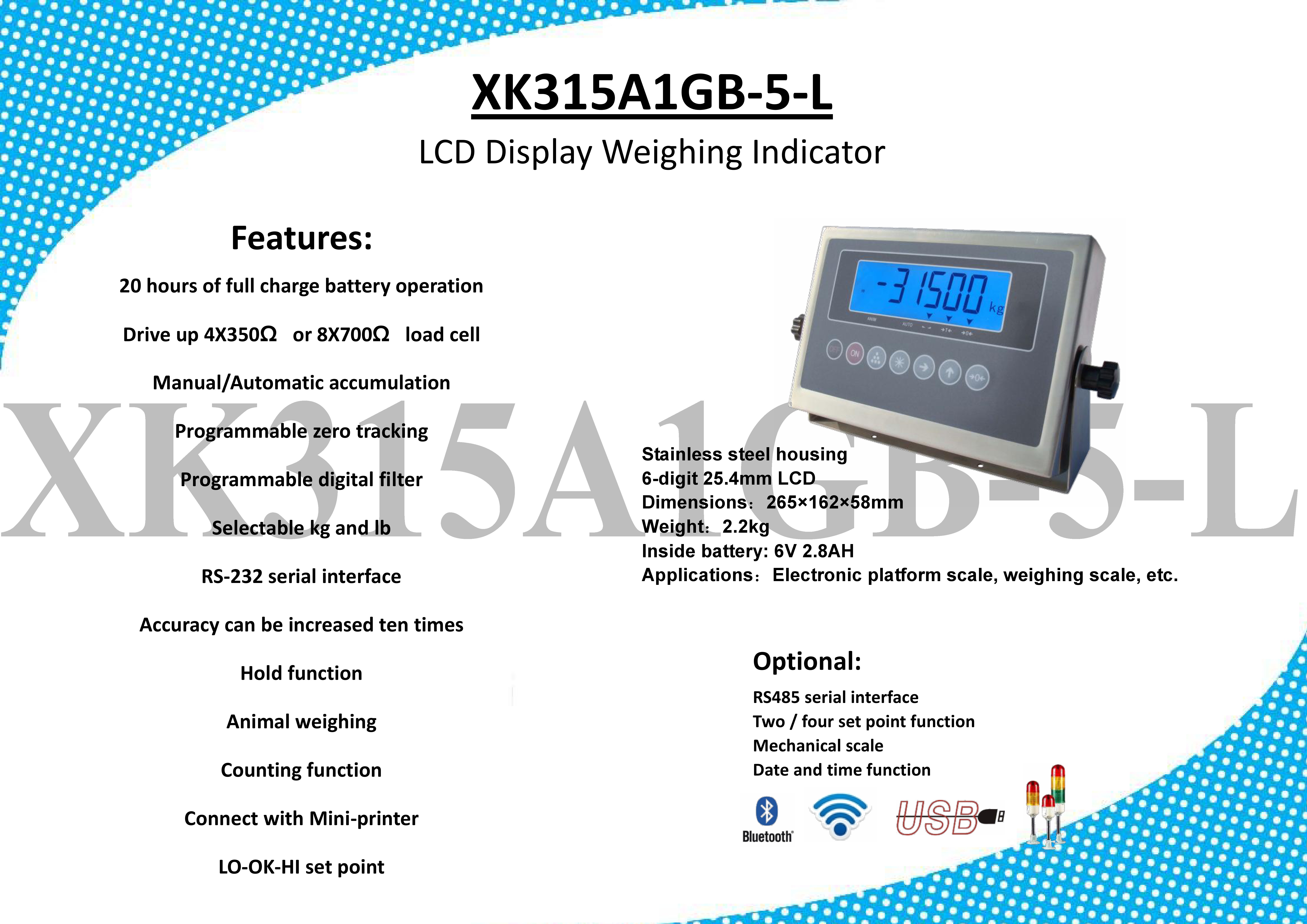 XK315A1GB-5-L Alta precisión USB Housing de acero inoxidable Indicador de pesaje LCD de 6 dígitos para escala plana Santwell 5