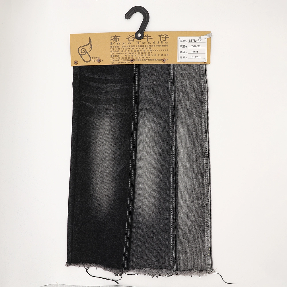157B-3B  12.93OZ Mercerized black stretch denim fabric with  66%Cotton 32%Poly  2%Spandex 1