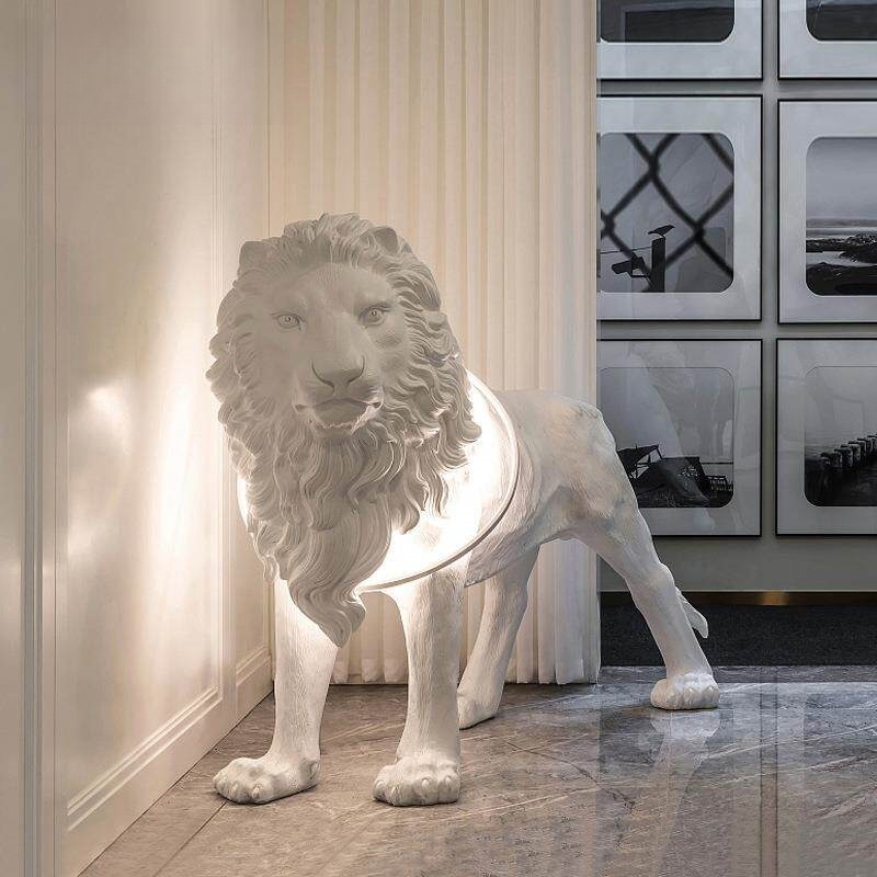 Lámpara de pie con forma de león, lámpara de pie con escultura animal de FRP con LED incorporado, decoración de arte moderno para sala de estar, vestíbulo de hotel, espacio comercial - 1777445328209825 3