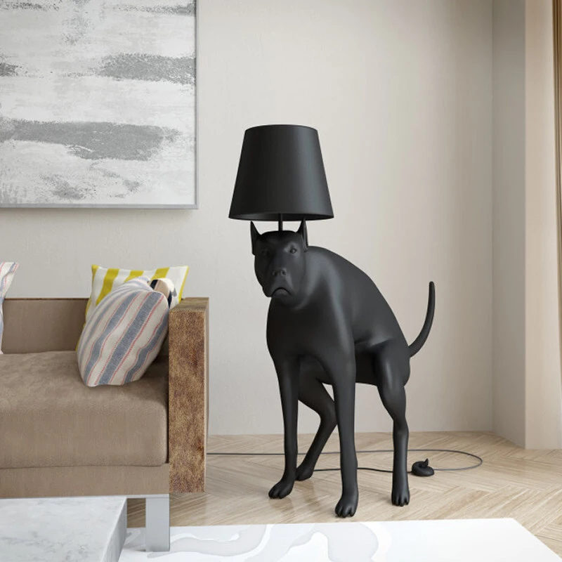 Lampadaire moderne en forme de chien, sculpture lumineuse avec abat-jour en tissu, objet de décoration pour salon, hall d'entrée ou espace commercial. 1
