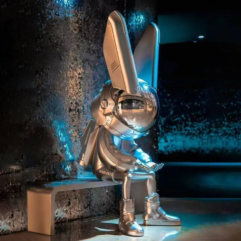 Statue de banc lapin astronaute Robbi, sculpture décorative moderne en métal représentant un lapin de l'espace 1