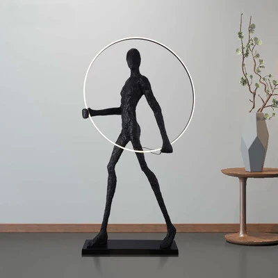 Abstract Human Sculpture Floor Lamp with LED Circular Ring, Modern Art Walking Figure Statue Light, Tall Floor Standing Ambient Lamp for Living Room, Lobby, Hotel & Commercial Decor 1