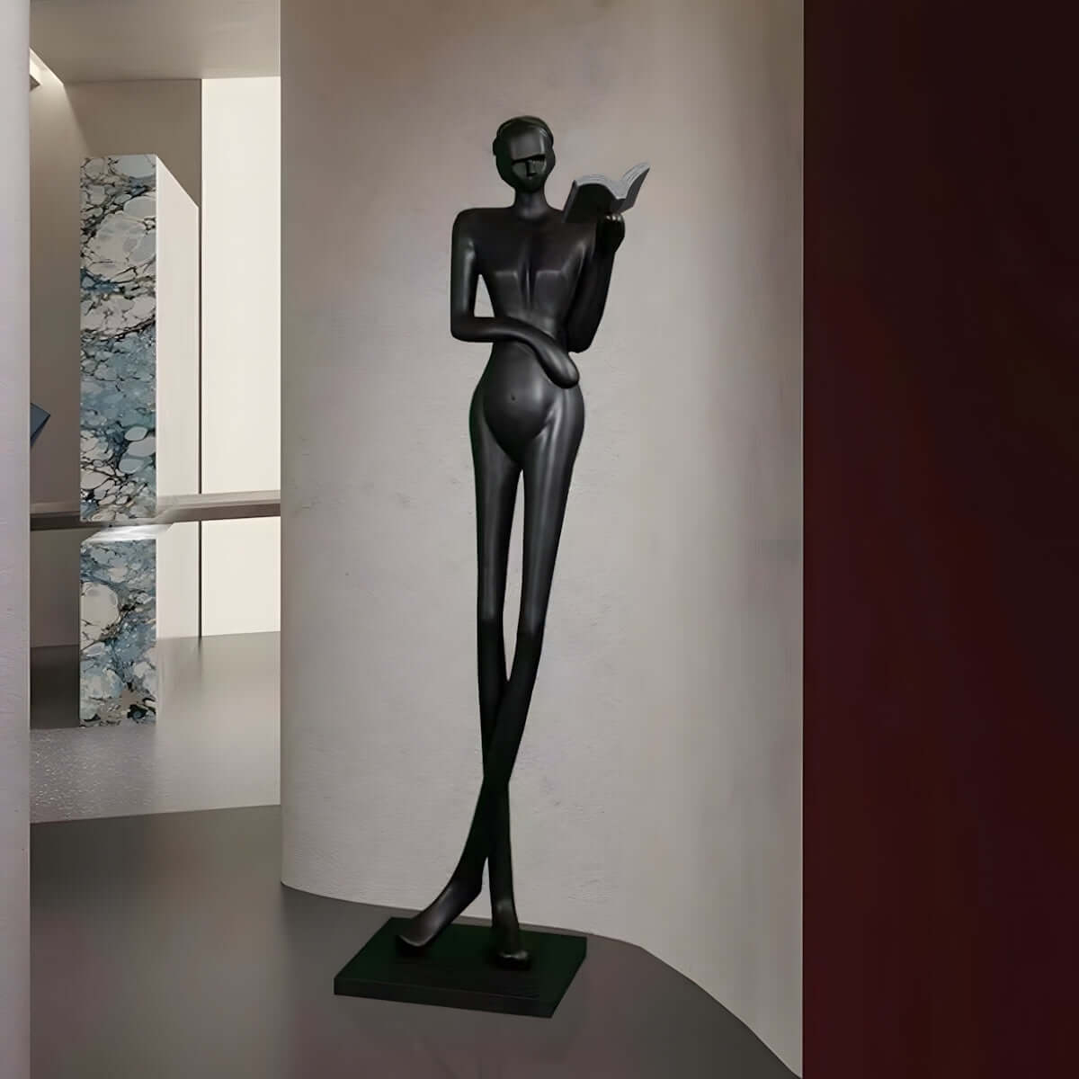 Statue de sol abstraite représentant une femme lisant, sculpture texturée de grande taille, art moderne, décoration sur pied pour hall d'hôtel, bibliothèque, salon et espaces commerciaux. 1