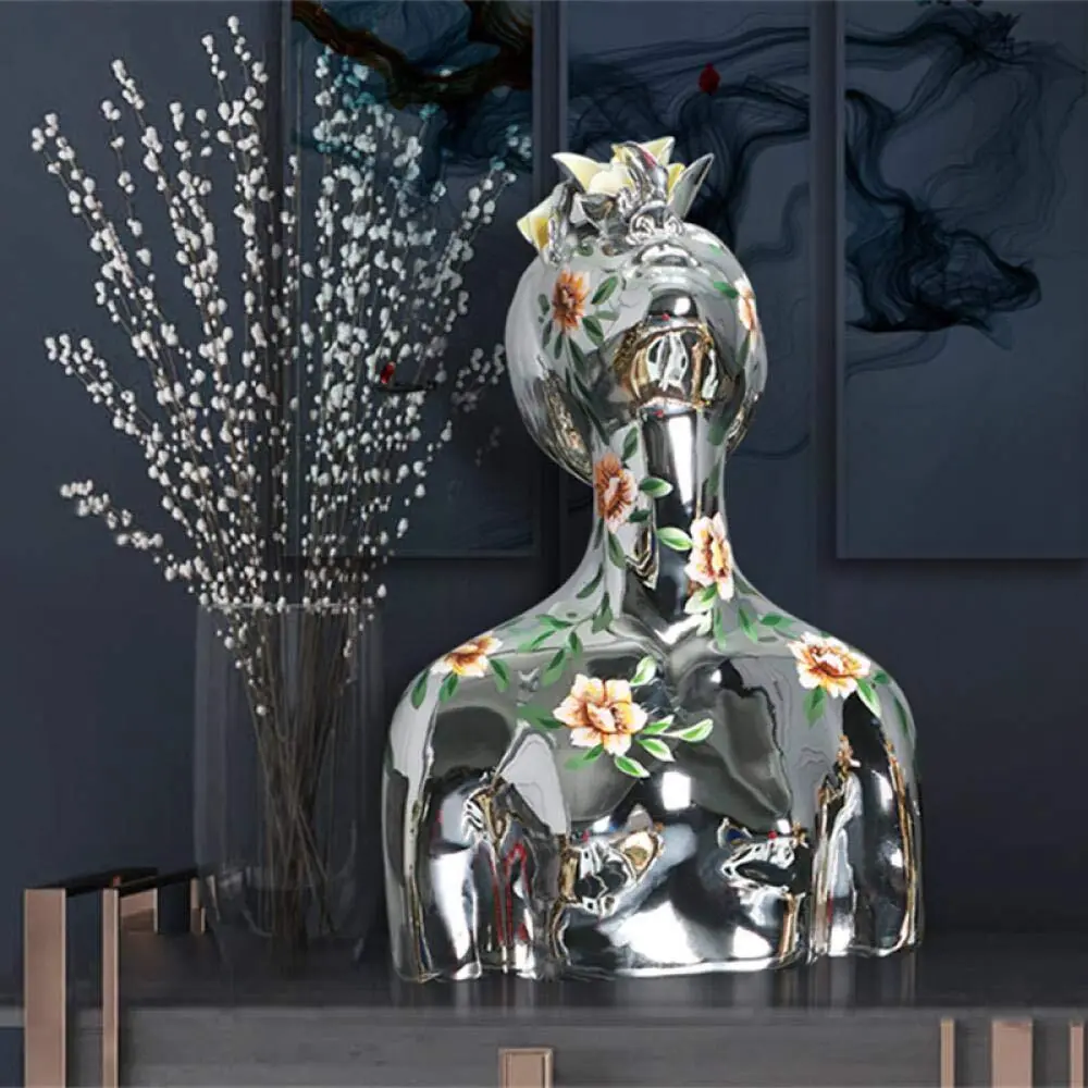 Modern Abstract Bust Sculpture, Electroplated Metallic Female Statue with Hand-Painted Flowers, Art Deco Home Decor for Living Room, Shop Window & Exhibition 1