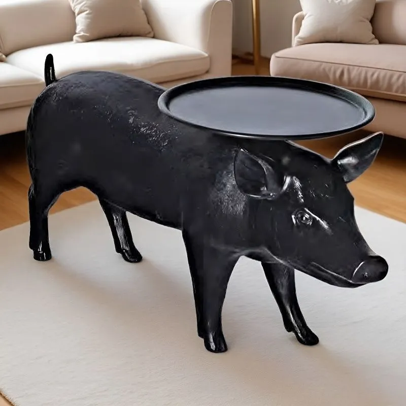 Pig Side Table with Tray Top, Novelty Animal-Shaped End Table, Sculpture Accent Table for Living Room, Bedroom & Office 1