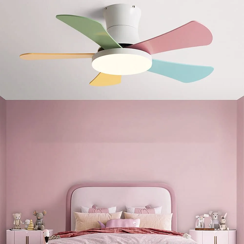 42 Inch Flush Mount Kids Ceiling Fan with Light, 5-Blade Colorful Blades Low Profile Ceiling Fan with Remote Control, Mute LED Ceiling Fan Light for Bedroom Nursery 1