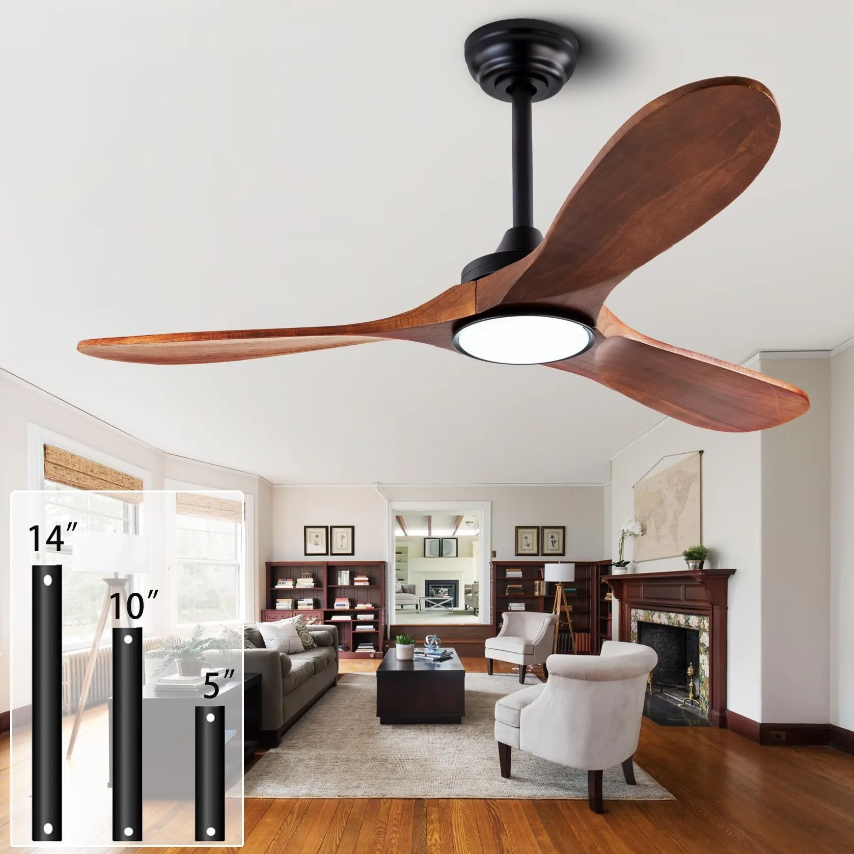 Ventilateur de plafond en bois avec éclairage, 3 pales, pour intérieur/extérieur, salon, terrasse et maison de campagne. 1
