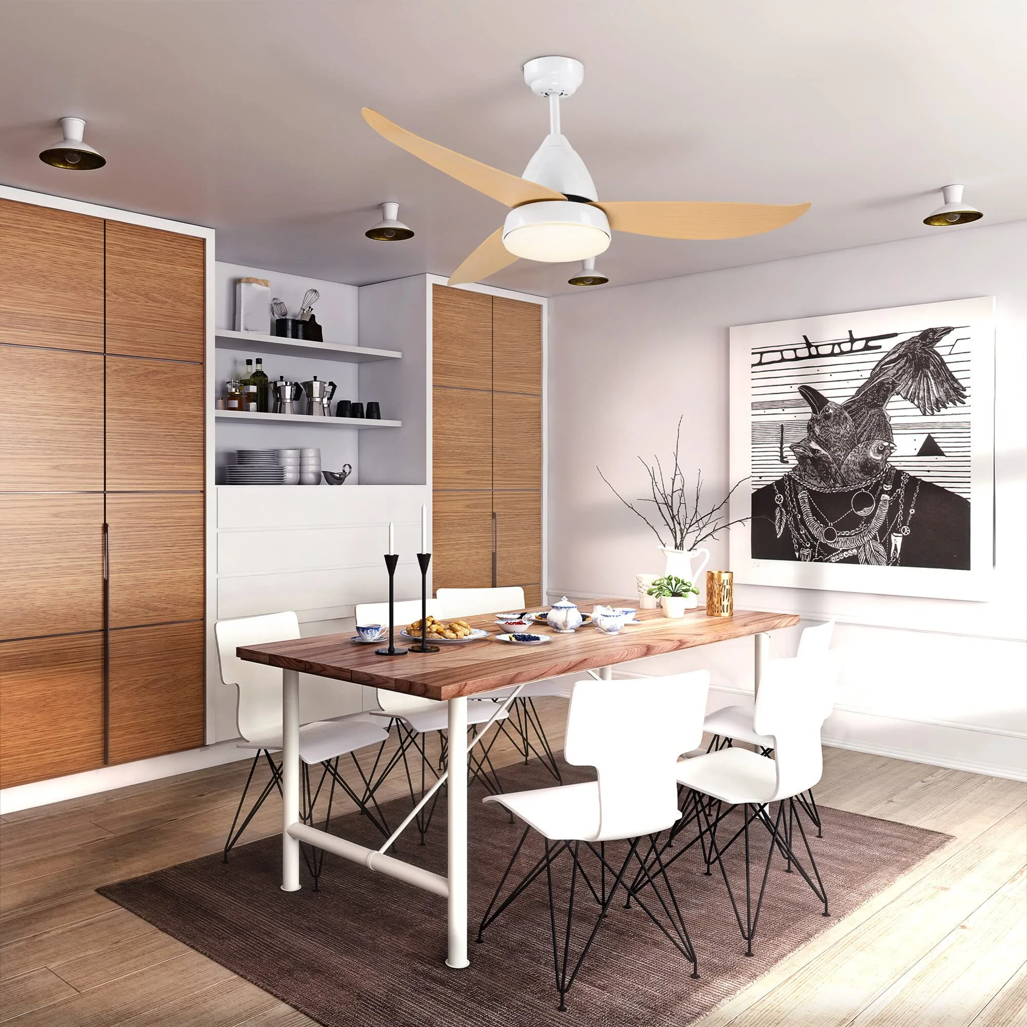 Ventilateur de plafond scandinave en bois naturel avec lampe réversible silencieuse pour une décoration intérieure minimaliste 1