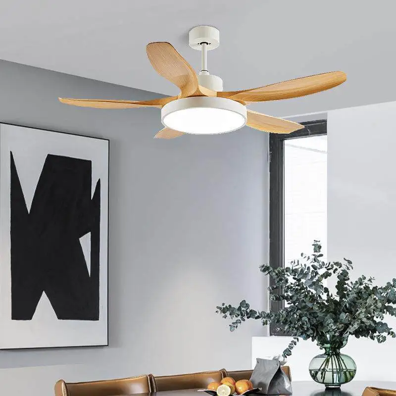 5-Blade Wood Grain Ceiling Fan with Light, Modern White & Wood Two-Tone LED Ceiling Fan with Remote Control for Living Room Bedroom 1