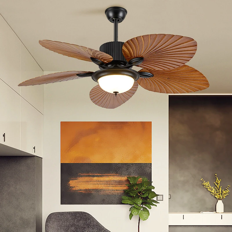 Ventilador de techo con diseño de hojas de palma, luz, 5 aspas, silencioso, reversible y con lámpara, ideal para interiores costeros y bohemios. 1