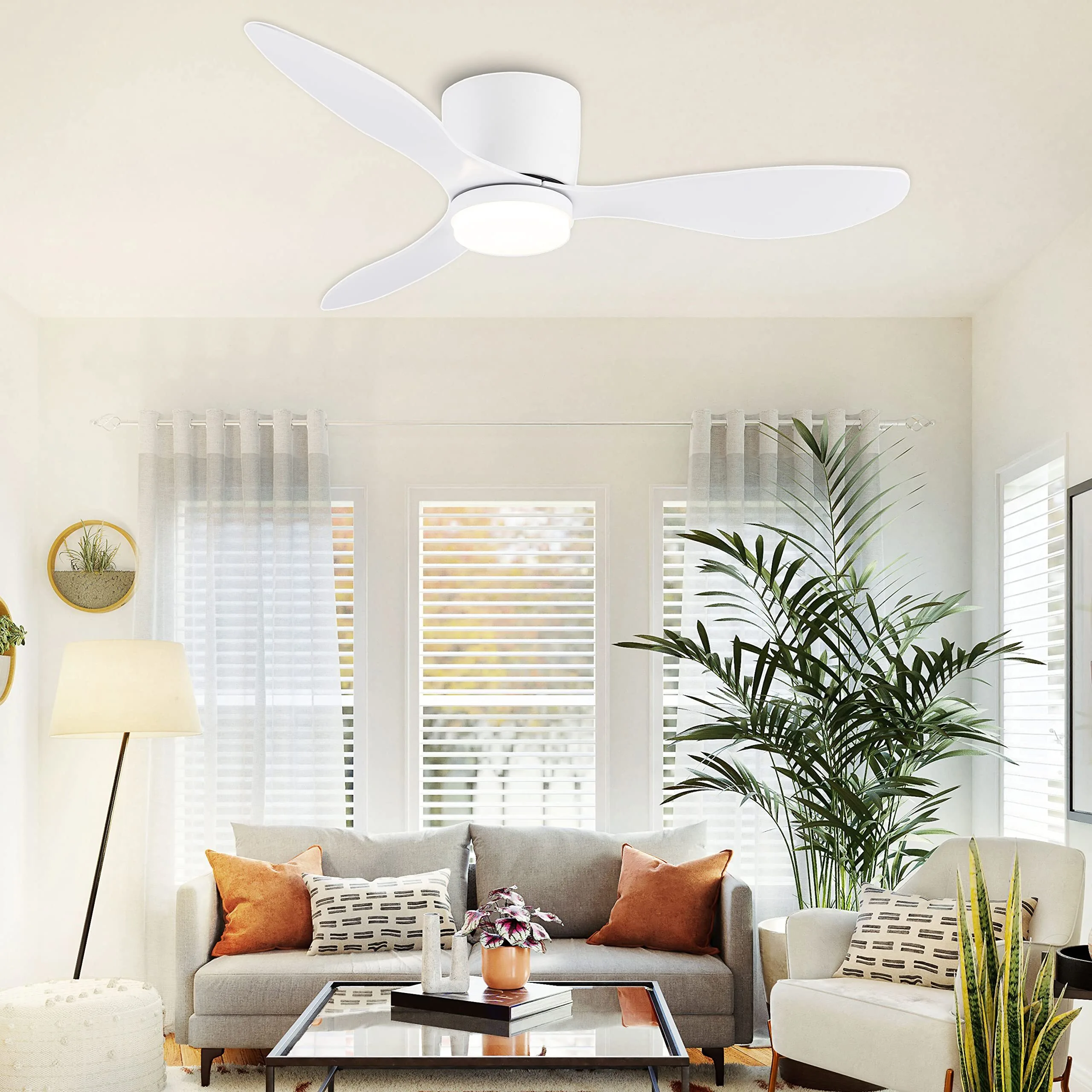 Ventilador de techo empotrado con luz, ventilador reversible silencioso de 3 aspas con lámpara para techos bajos, sala de estar y dormitorio. 1