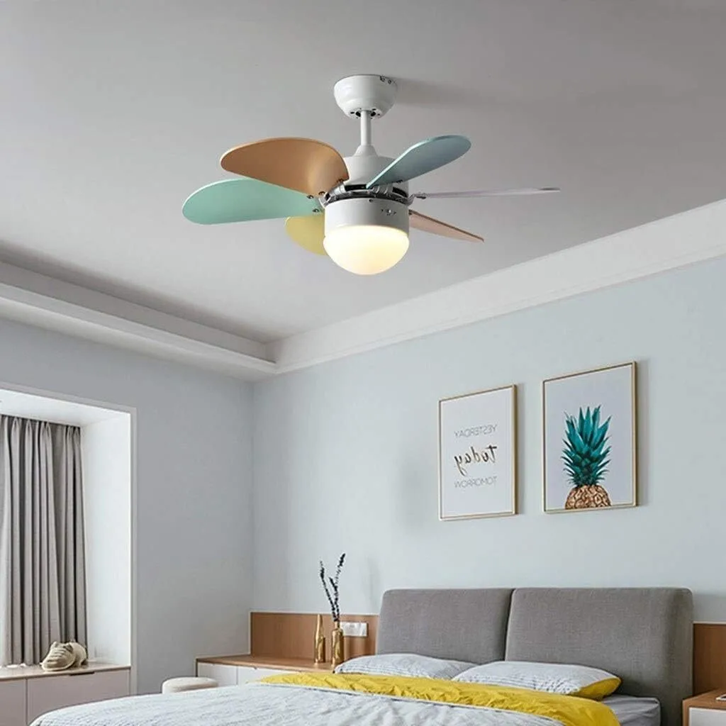 Ventilador de techo colorido con luz, 6 aspas, silencioso, reversible y con lámpara, ideal para salas de juegos y habitaciones infantiles luminosas. 1