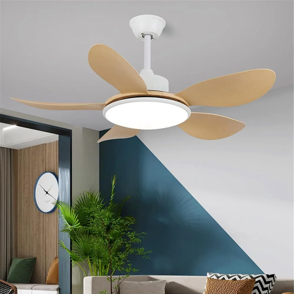 Ventilador de techo de 5 aspas con efecto madera y luz - Ventilador reversible silencioso para sala de estar, dormitorio y decoración rústica. 1