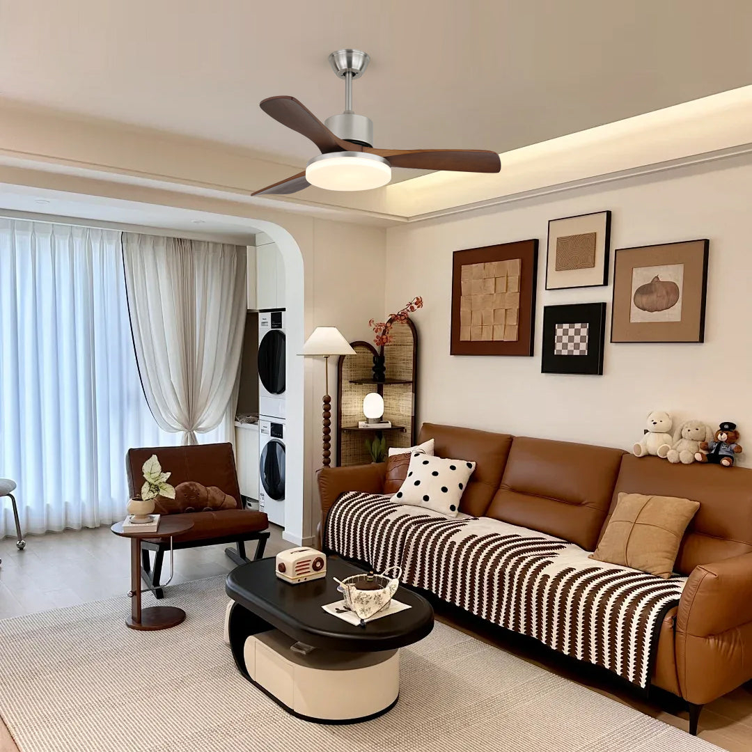 3-Blade Wood Effect Ceiling Fan with Light - 29cm LED Panel, Quiet DC Motor, Brushed Nickel Finish for Living Room, Bedroom & Modern Home 1