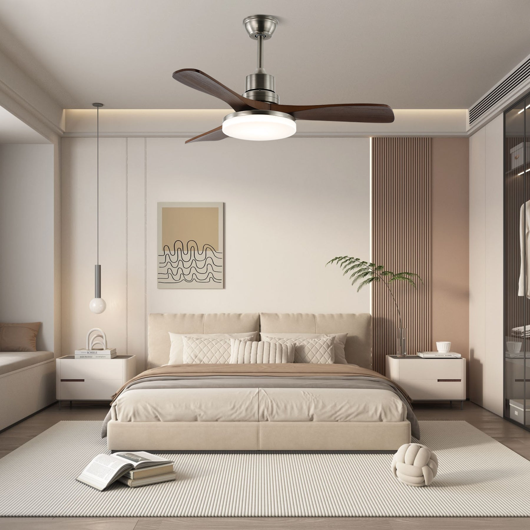 Ventilador de techo de 3 aspas de madera natural con luz - Panel LED de 29 cm, motor de CC silencioso, acabado en níquel cepillado para sala de estar, dormitorio y estilo rústico moderno. 1