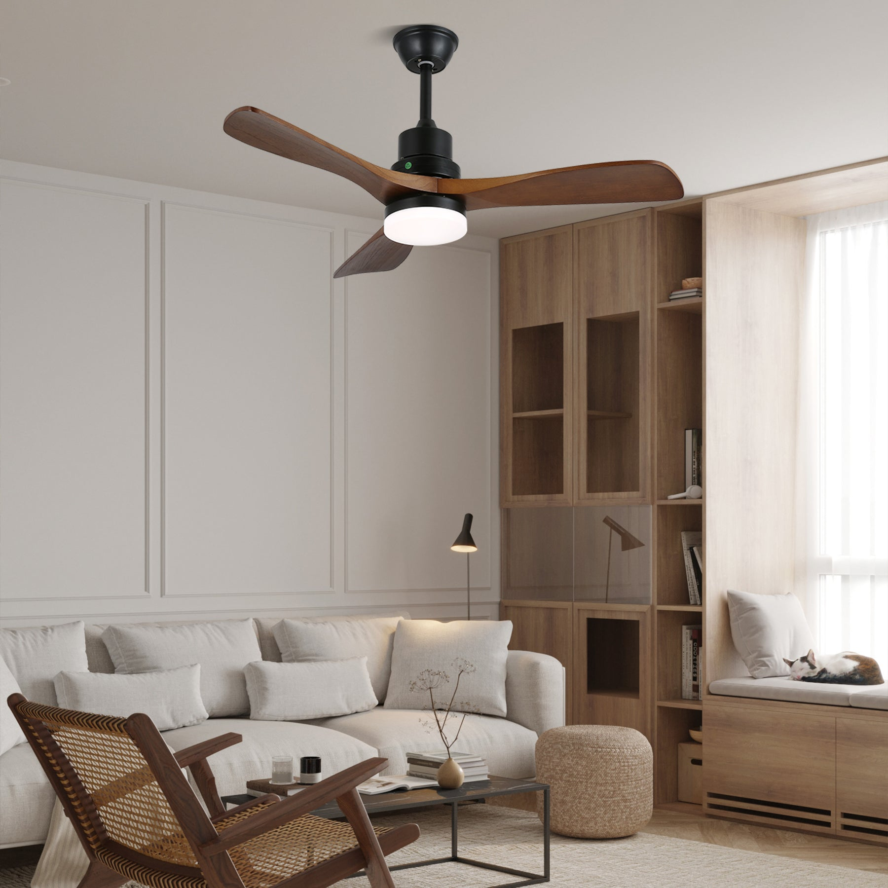 Ventilador de techo de madera de 3 aspas para interiores y exteriores con luz - Motor silencioso para patio, sala de estar, dormitorio y oficina. 1