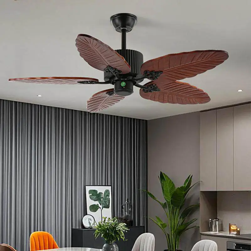 Ventilador de techo vintage de 5 aspas de madera maciza con aspas en forma de hoja y motor silencioso para sala de estar, dormitorio y hogar de estilo tropical. 1