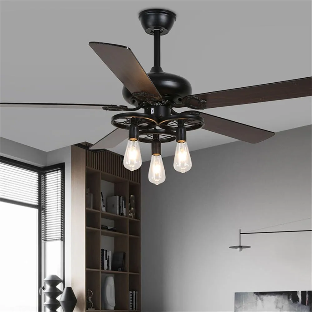 Ventilador de techo estilo retro americano con luces LED a la vista, ventilador de lujo de 5 aspas para sala de estar, restaurante, dormitorio, villa y espacios comerciales. 1