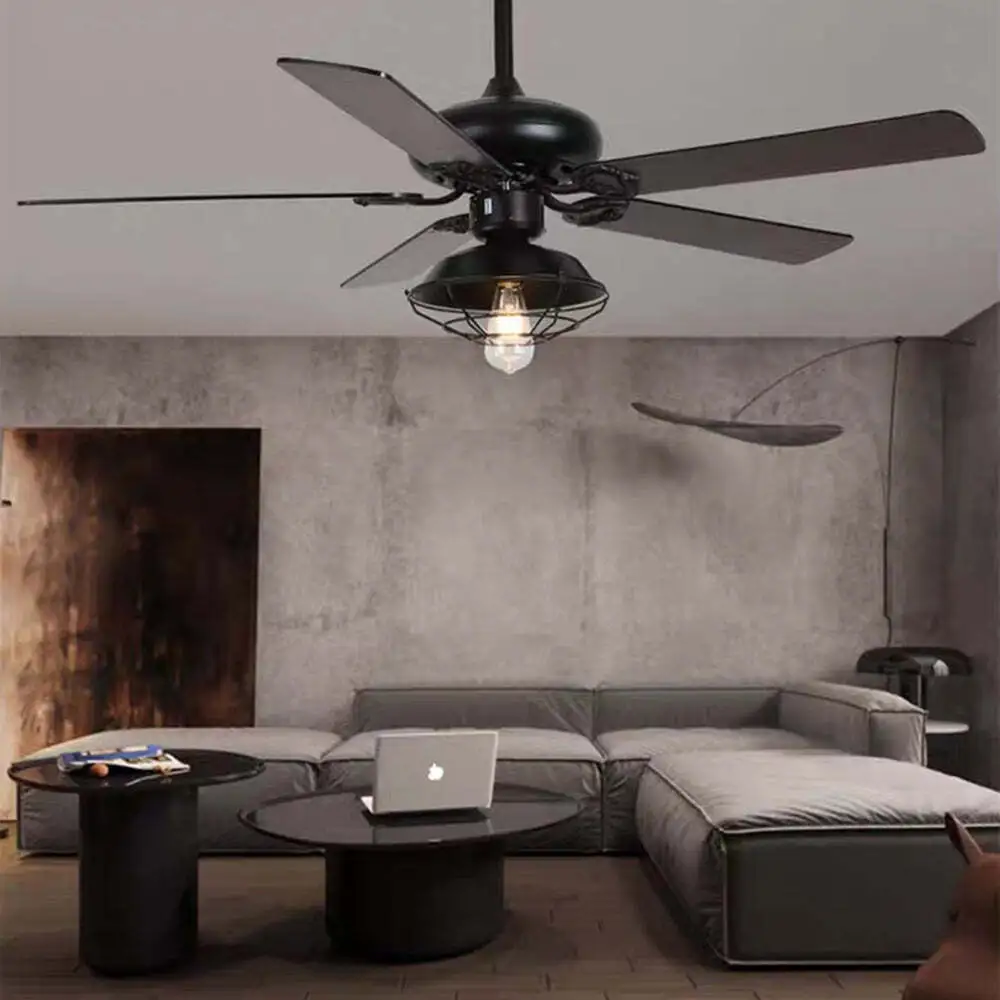 Ventilador de techo industrial retro con luz enjaulada, ventilador de lujo de 5 aspas para sala de estar, restaurante, dormitorio y estudio. 1