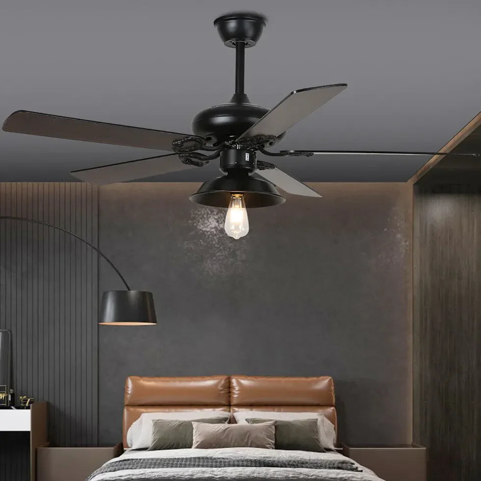 Ventilador de techo industrial retro americano con luz de una sola bombilla, ventilador de lujo de 5 aspas para sala de estar, restaurante y dormitorio. 1