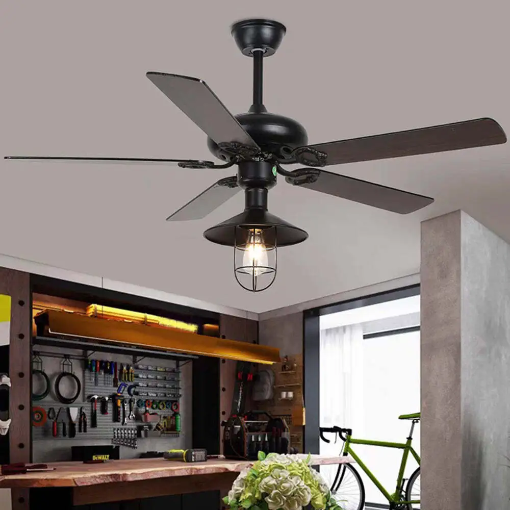 Ventilador de techo industrial vintage con bombilla enjaulada, ventilador retro americano de 5 aspas para sala de estar, restaurante y espacios comerciales. 1