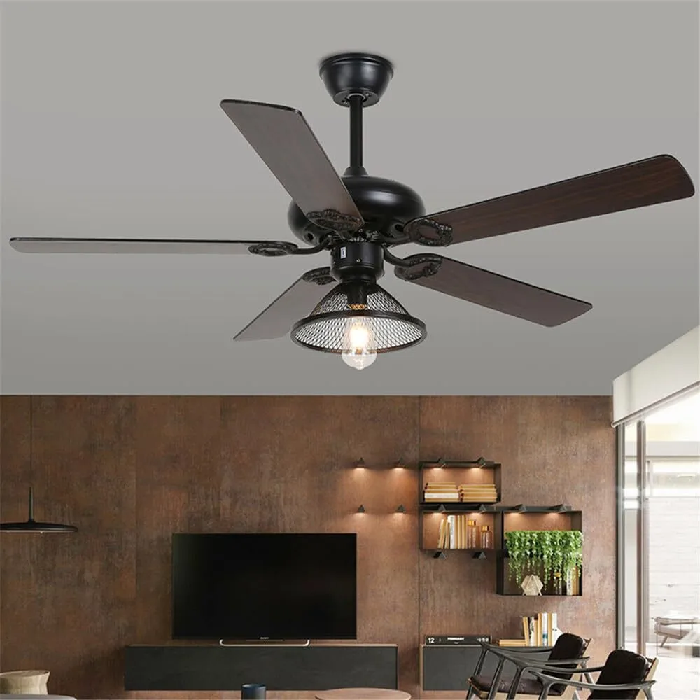 Vintage Industrial Ceiling Fan with Mesh Caged Light, 5-Blade American Retro Fan for Living Room, Restaurant & Commercial Spaces 1