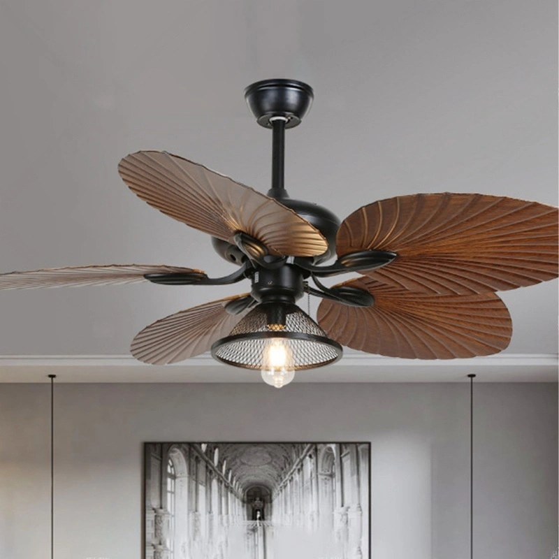 Tropical Palm Leaf Ceiling Fan with Mesh Caged Light, 5-Blade Rustic Fan for Living Room, Bedroom & Bohemian Spaces 1