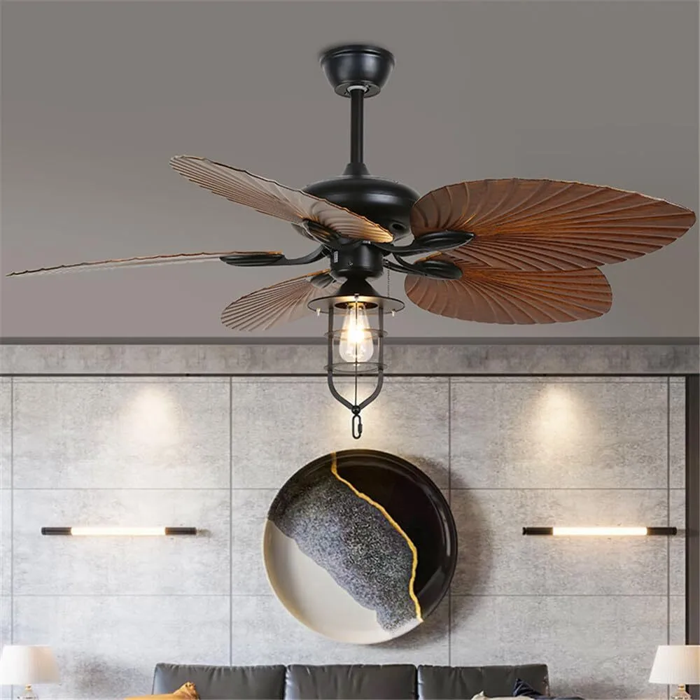 Tropical Industrial Ceiling Fan with Nautical Caged Light, 5-Blade Palm Leaf Fan for Living Room, Bedroom & Bohemian Spaces 1