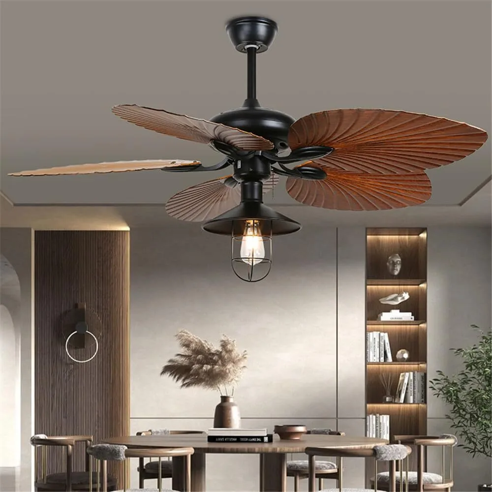 Tropical Farmhouse Ceiling Fan with Industrial Caged Light, 5-Blade Palm Leaf Fan for Living Room, Bedroom & Coastal Spaces 1