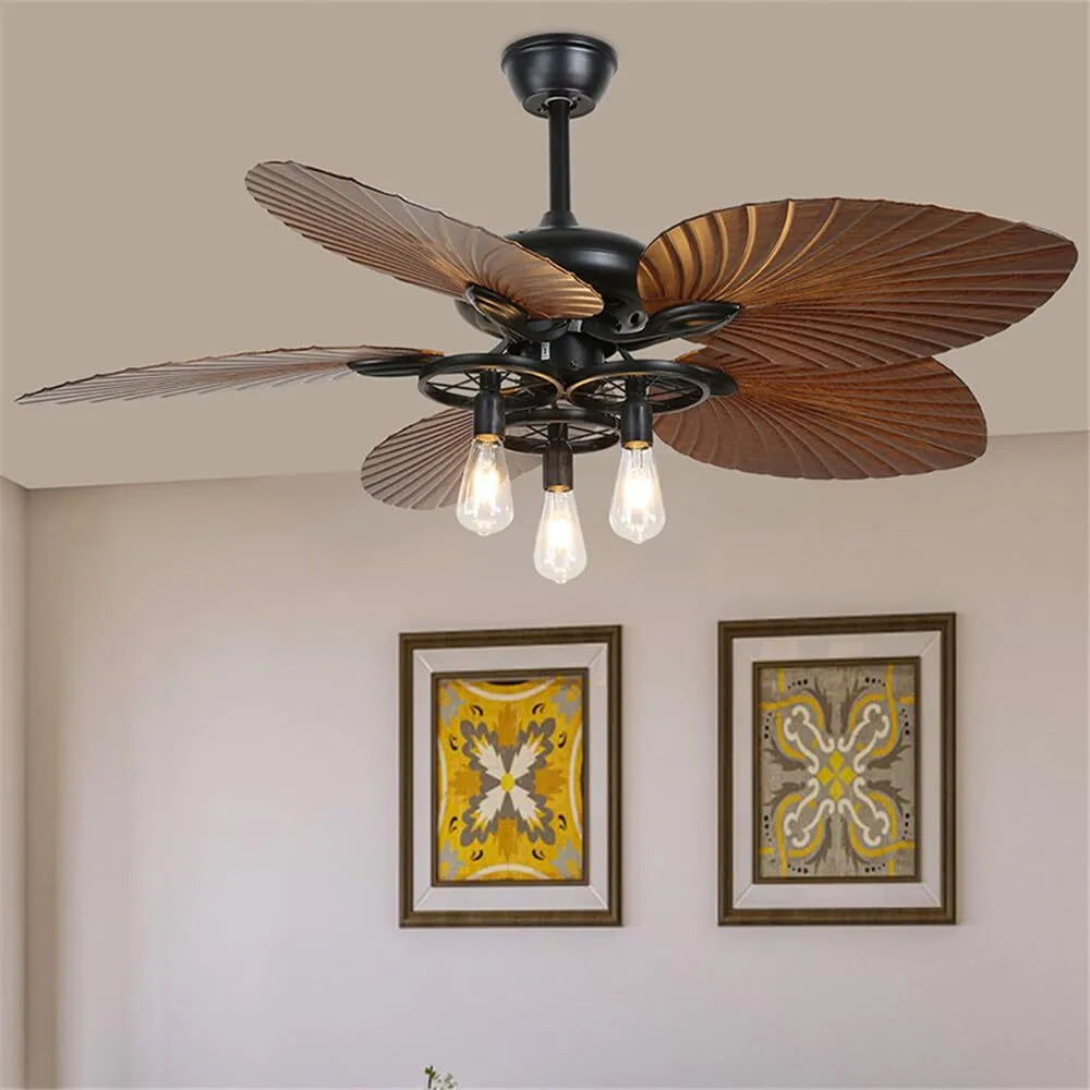 American Retro Tropical Ceiling Fan with 3 Exposed Bulb Lights, 5-Blade Palm Leaf Fan for Living Room, Bedroom & Vintage Interiors 1