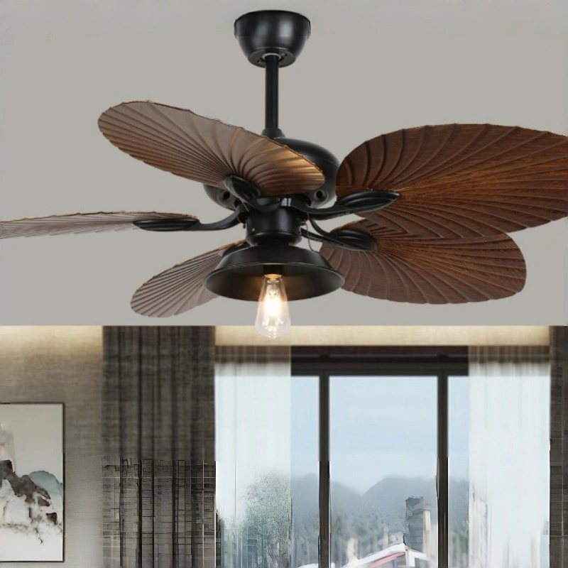 American Retro Tropical Ceiling Fan with Single Exposed Bulb Light, 5-Blade Palm Leaf Fan for Living Room, Bedroom & Rustic Interiors 1