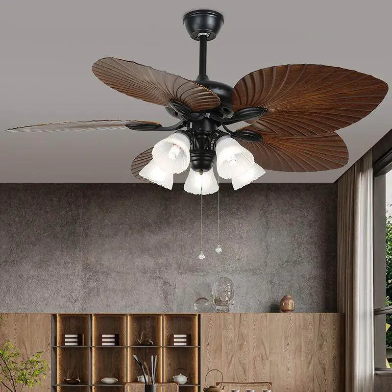 Loose-Style Tropical Ceiling Fan with 5 Frosted Glass Light Fixtures, 5-Blade Palm Leaf Fan for Spacious Living Rooms & Bedrooms 1
