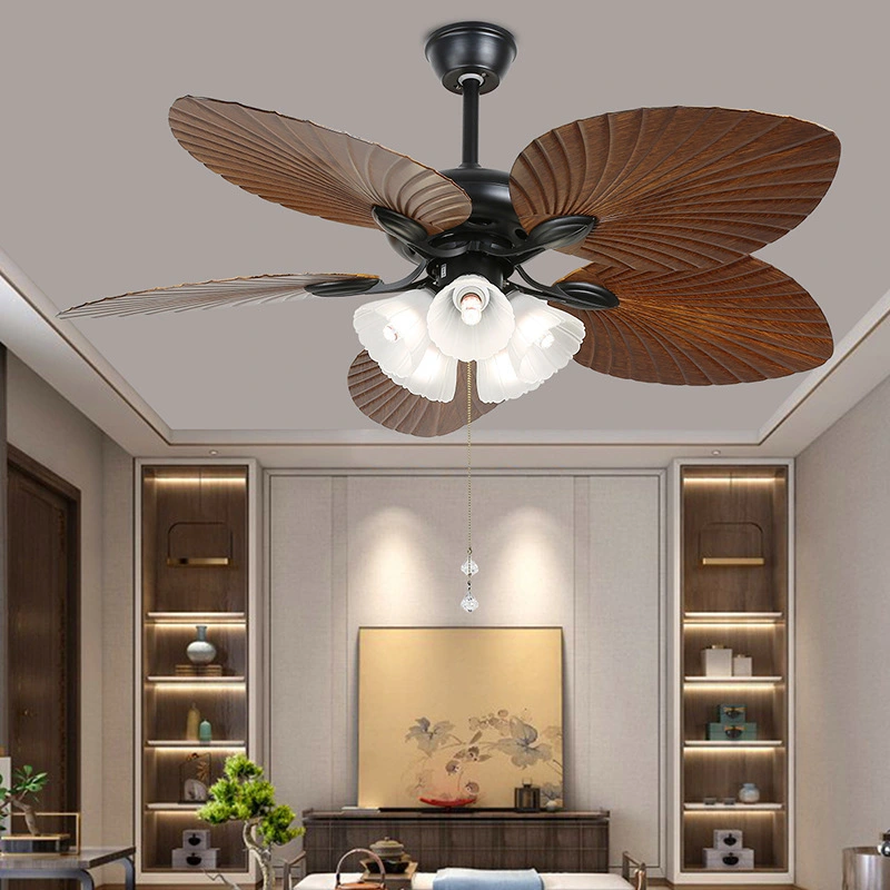 Compact Tropical Ceiling Fan with 5-Light Flower-Shaped Frosted Glass Fixture, 5-Blade Palm Leaf Fan for Small Bedrooms & Cozy Living Spaces 1