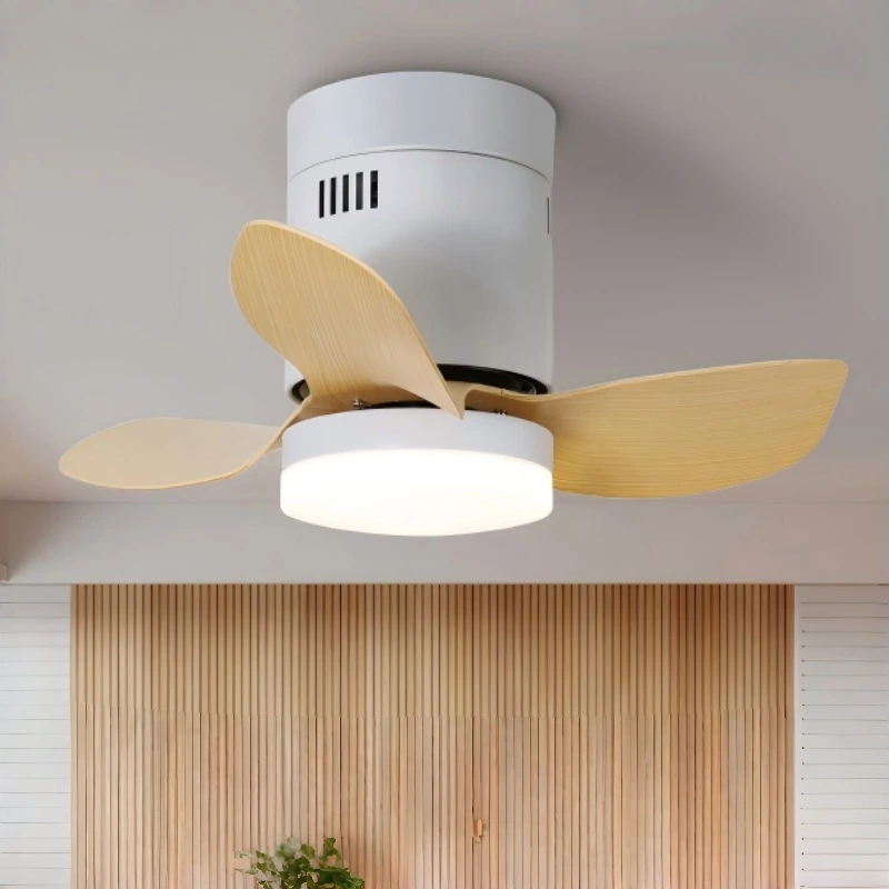 Modern Flush Mount Ceiling Fan with Wood-Grain Blades & LED Light, 3-Blade Low-Profile Fan for Scandinavian & Minimalist Interiors 1