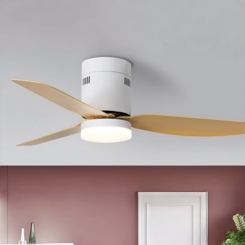 Large-Size Flush Mount Ceiling Fan with Wood-Grain Blades & LED Light, 3-Blade Low-Profile Fan for Spacious Rooms & Scandinavian Homes 1