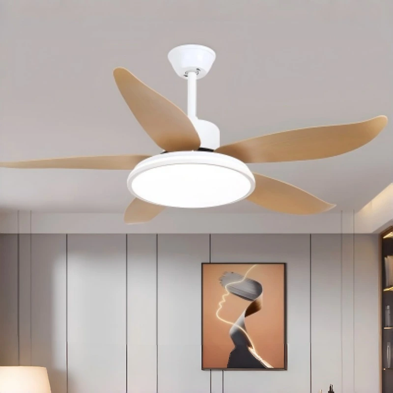 Ventilateur de plafond avec éclairage LED, 5 pales, fixation par tige, pales imitation bois, pour chambres, salons et cuisines. 1