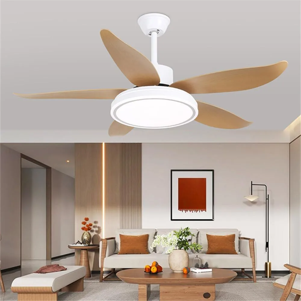 Ceiling Fan with LED Light, 5-Blade Downrod Mount Fan with Wood-Tone Blades & High-Airflow Motor for Living Rooms, Bedrooms & Dining Areas 1