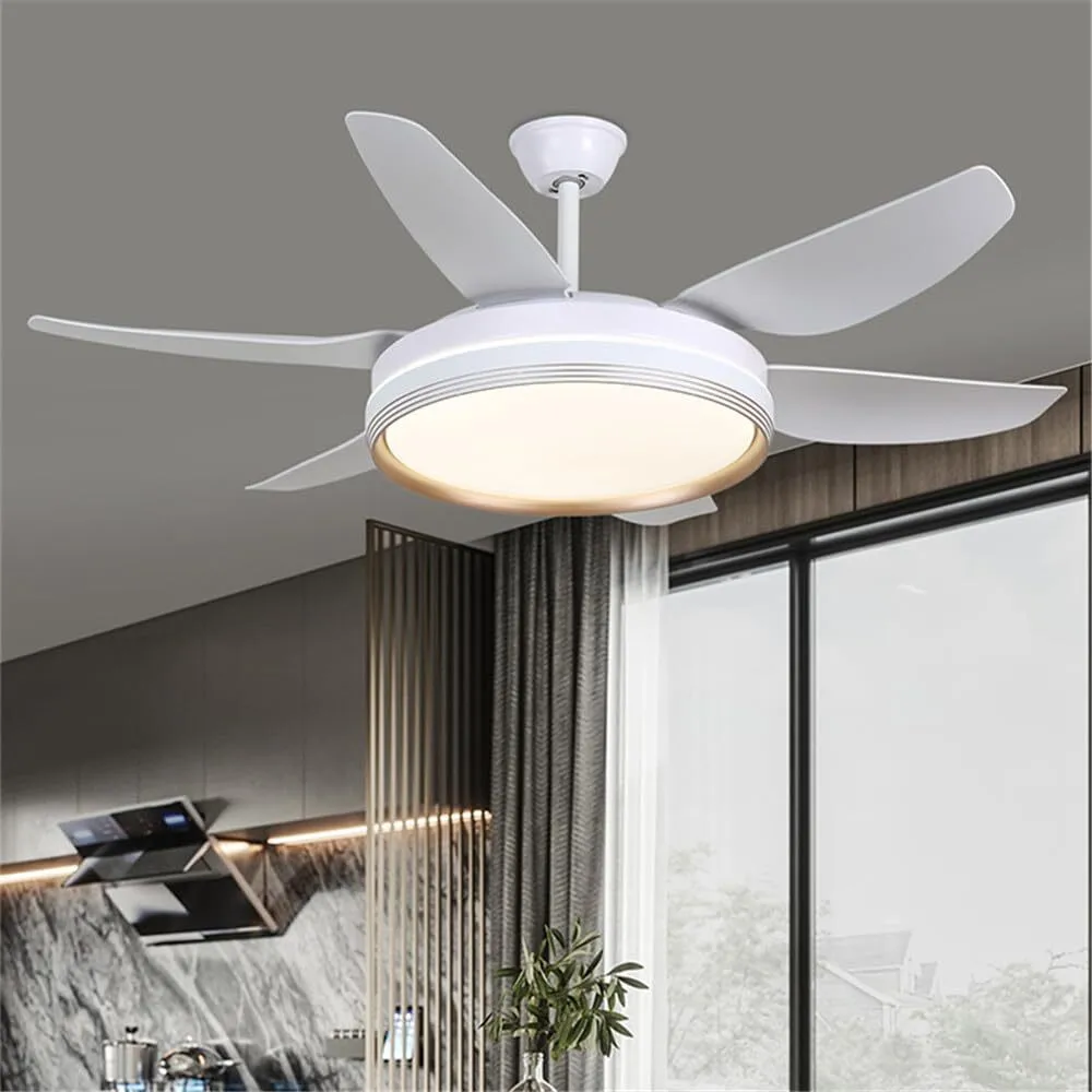 Modern LED Ceiling Fan Light with 6 White Blades and Gold Accent Ring for Living Rooms Bedrooms and Dining Areas HTD-1016-1140 1