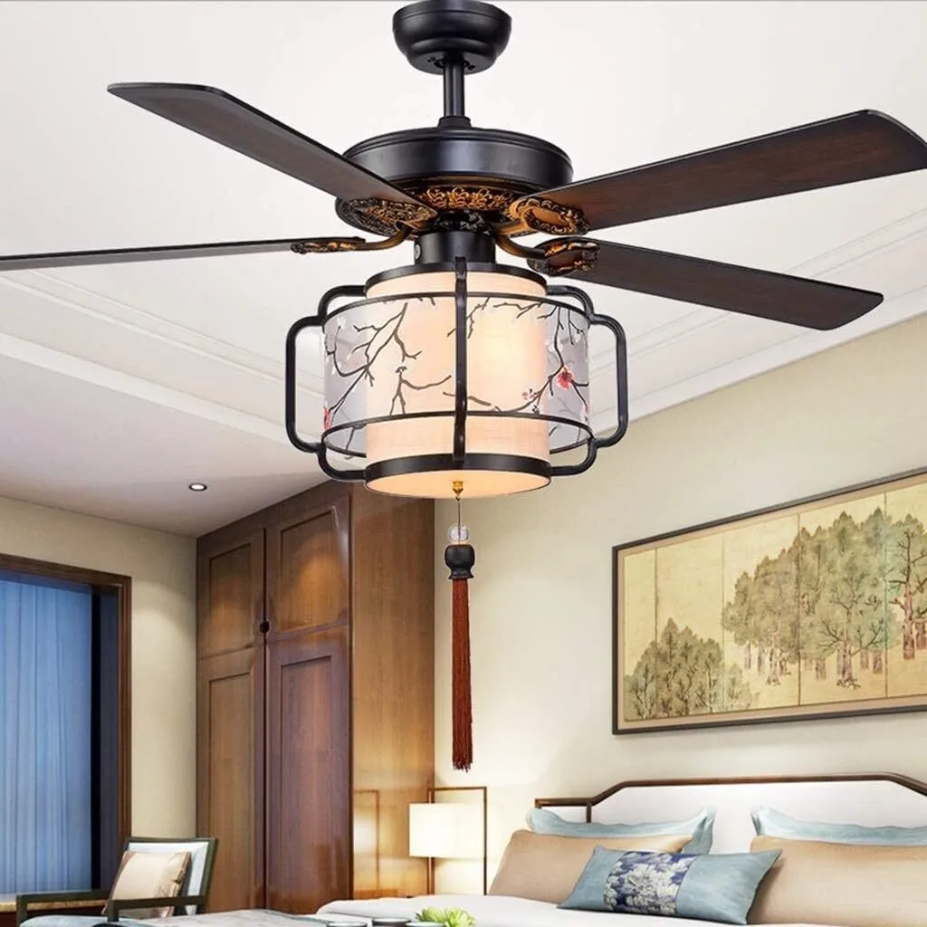 Nuevo ventilador de techo con luz de estilo chino, silencioso, de doble uso, con lámpara LED y pantalla de tela floral para sala de estar y dormitorio HTD-1020 1
