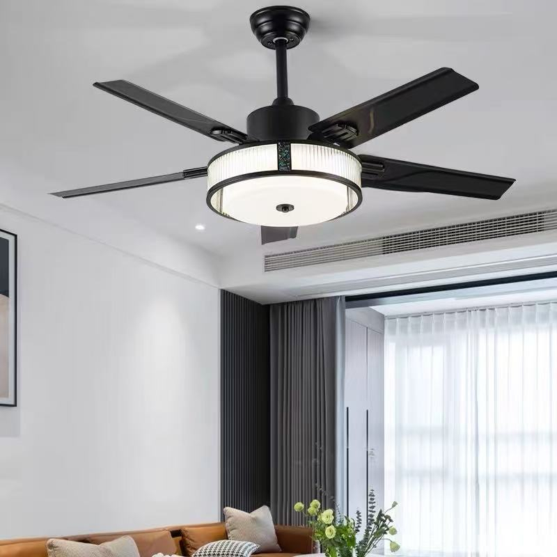 Ventilador de techo moderno negro reversible regulable con luz y control remoto para sala de estar y dormitorio HTD-B1 1