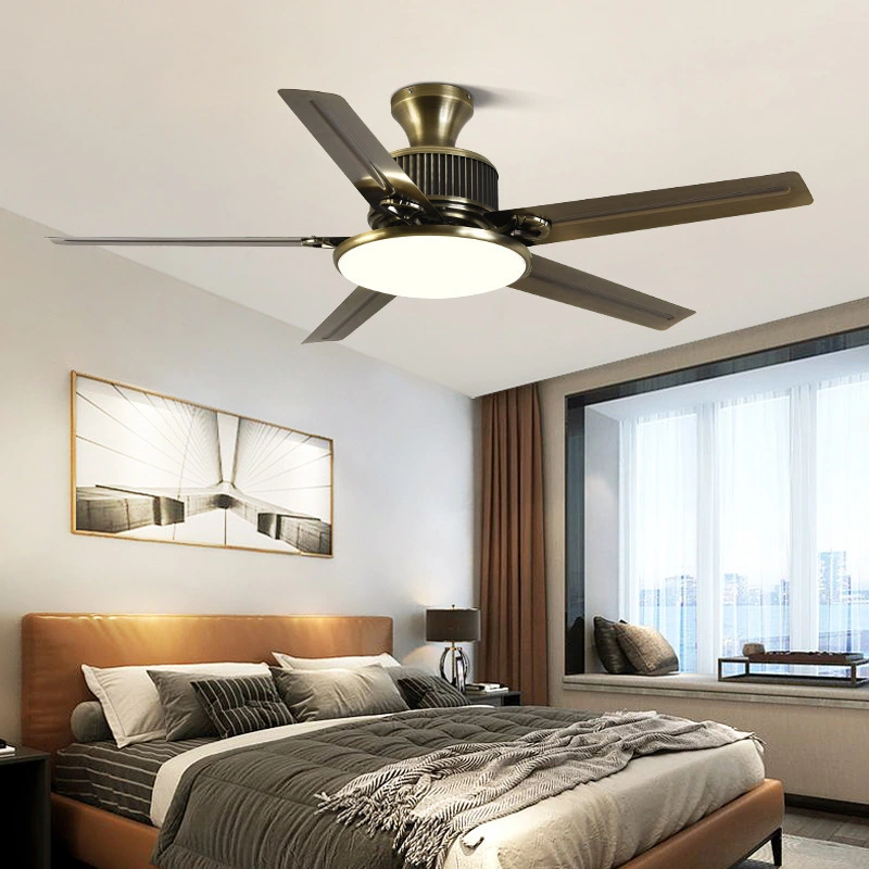 Ventilador de techo reversible de latón antiguo con motor inverter para mayor comodidad en el hogar durante todo el año, ideal para comedores y salas de estar (HTD-620). 1