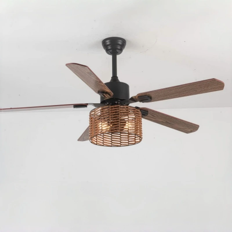 Ventilador de techo estilo granja bohemia con pantalla de ratán sintético y aspas en tono madera para sala de estar, dormitorio y comedor HTD-2389-1020 1