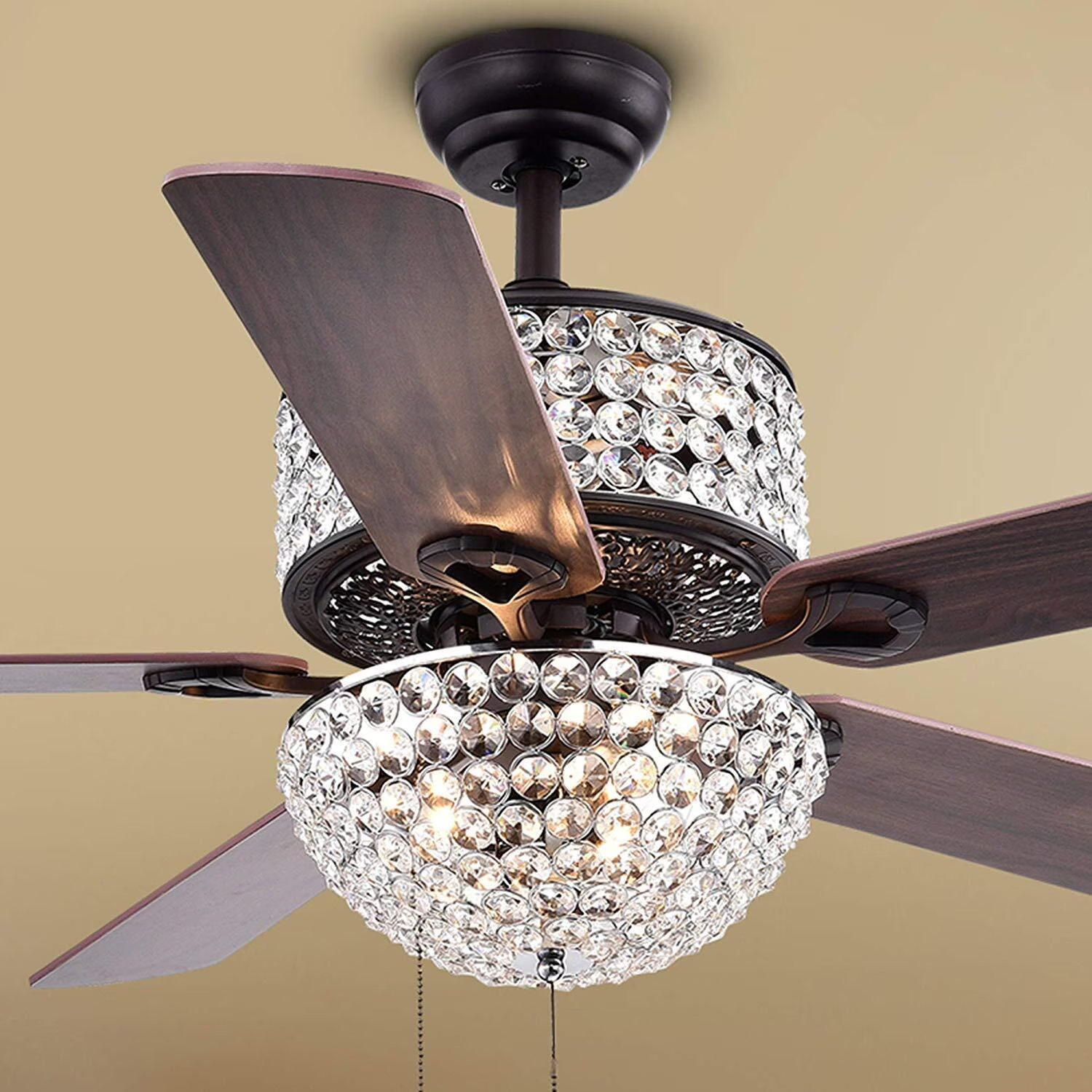Ventilador de techo rústico color bronce con pantallas de cristal de doble capa y aspas de madera oscura para sala de estar y dormitorio HTD-191-52-1230 1