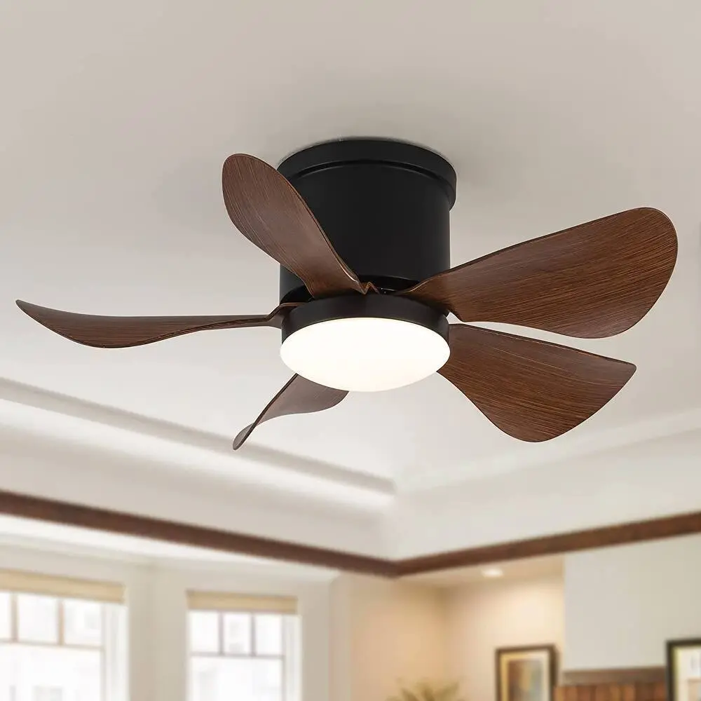 مروحة سقف منخفضة الارتفاع بتصميم خشبي داكن، مزودة بإضاءة LED، وخمس شفرات، مناسبة لغرفة المعيشة وغرفة النوم HTD-D13-885 1